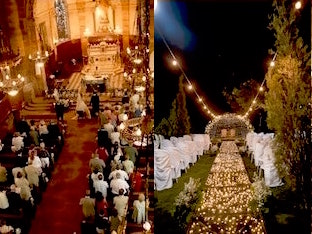 A church wedding and a set-up for a garden wedding, both with a central aisle which is the bridal path